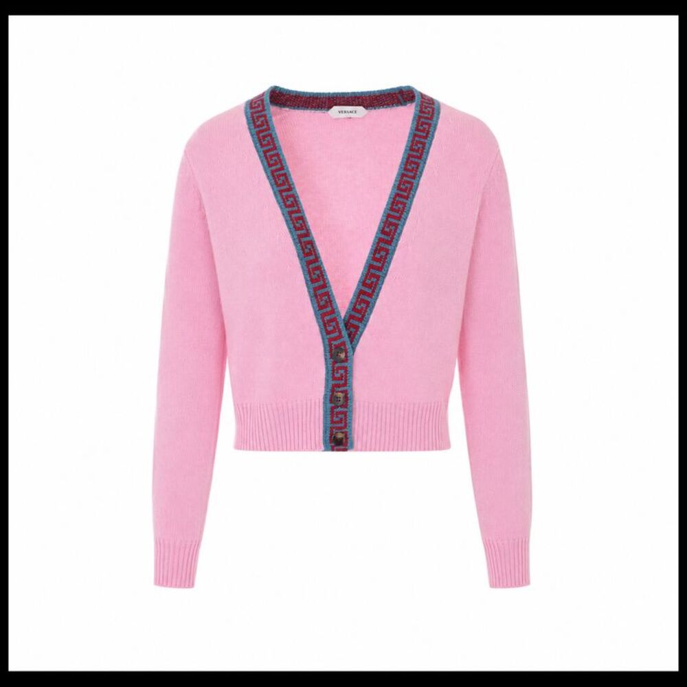 Versace Women Knit Cardigan With Contrasting Greca Motif